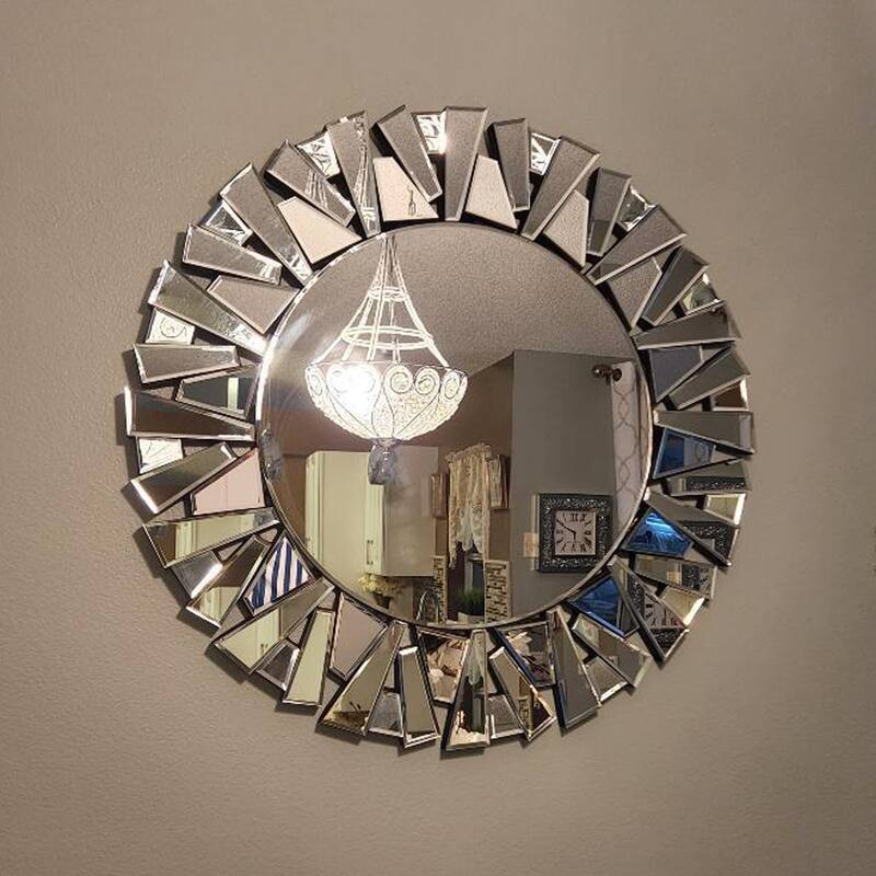 Sunburst Glass Mirror Wall Mounted - 32" Dia - Silver