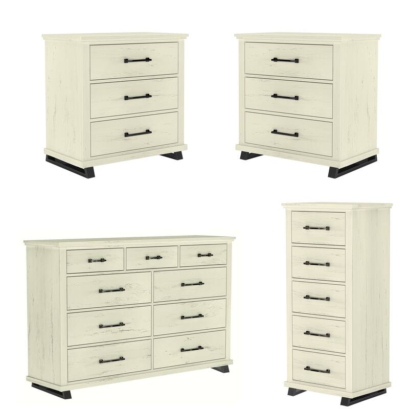 Farmhouse 4-Piece Bedroom Set - 2 Nightstand, 1 Chest and 1 Dresser - Antique White
