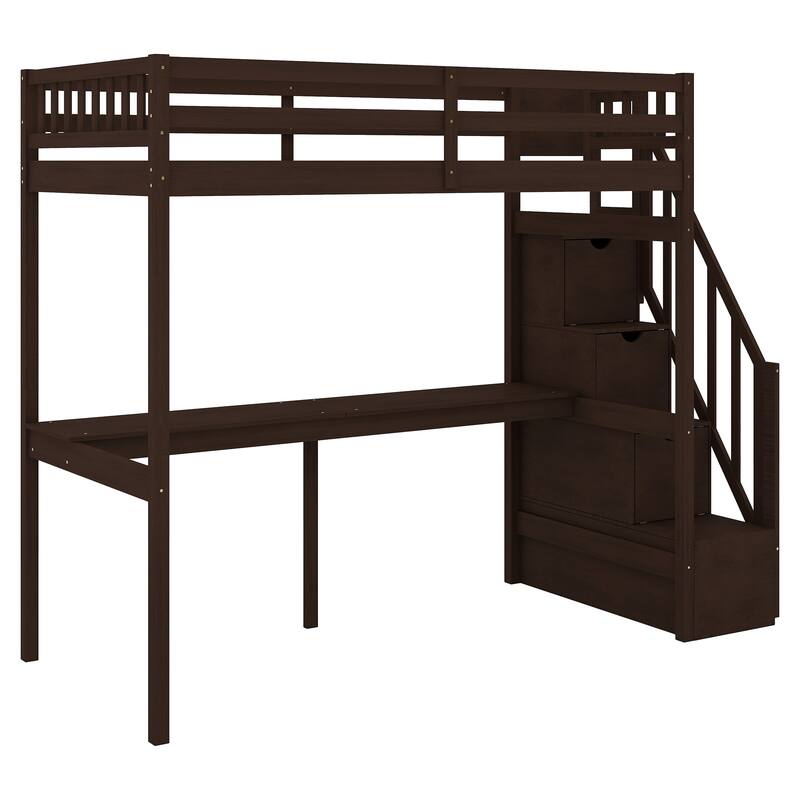 Twin Size Loft Bed with Storage Staircase and Built-in Desk, Space-Saving Solid Wood Twin Bed Frame with Full-Length Guardrail