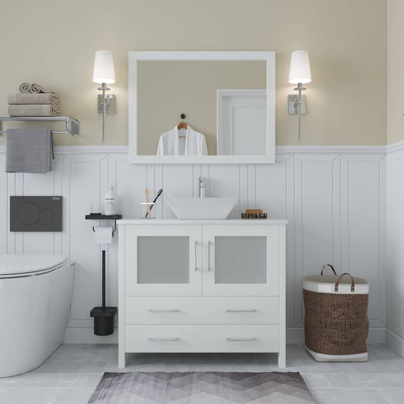 Vanity Art 36" Single Sink Bathroom Vanity Set with Engineered Marble Top Free Mirror - 36 x 18.5 x 36 Inches - White