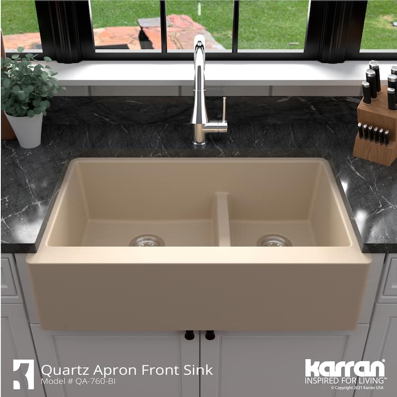 Karran Farmhouse/Apron-Front Quartz Double Bowl Kitchen Sink