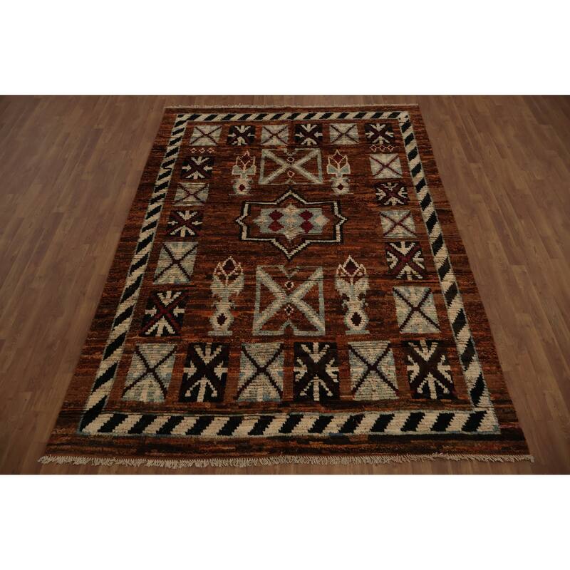 Hand Knotted Oriental 100% Wool Carpet Modern Tribal Oranges & Rust Moroccan Area Rug - 9' 7'' X 6' 10''