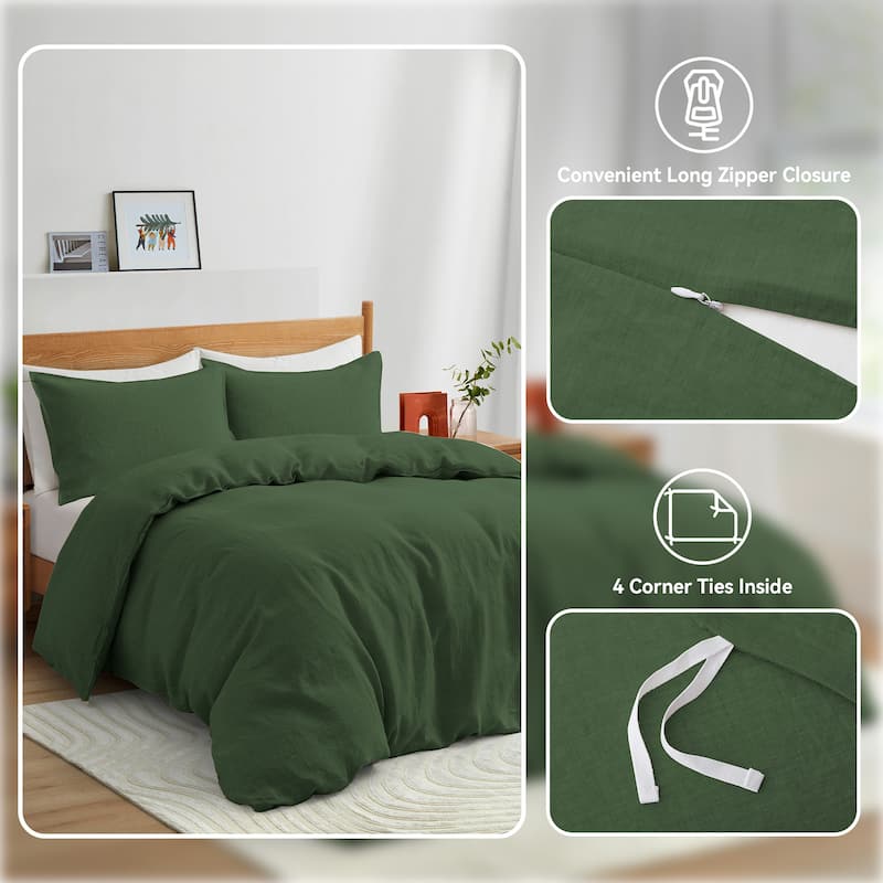 Flax Linen Cotton Blend Duvet Cover Set, Durable, Breathable and Moisture-Wicking, 3 Piece Bedding Set