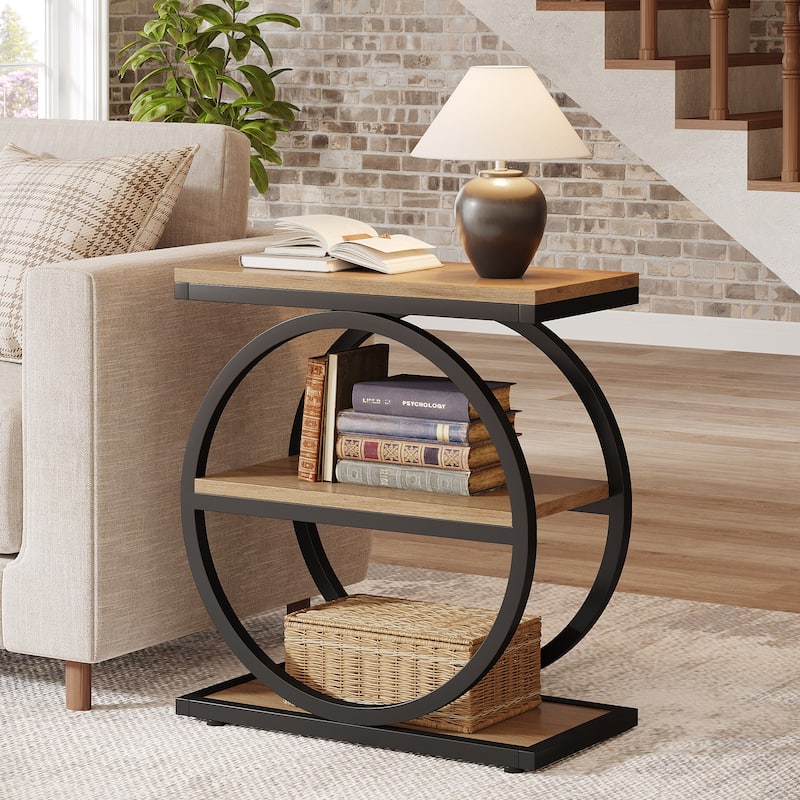 23.62 Inches Brown Wooden End Table with Geometric Base for Living Room, Industrial Nightstand for Bedroom - Oak - 1 Pc
