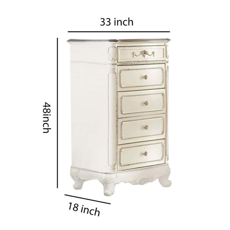 5 Drawer Chest with Floral Motif Carving Details, Antique White and Brown