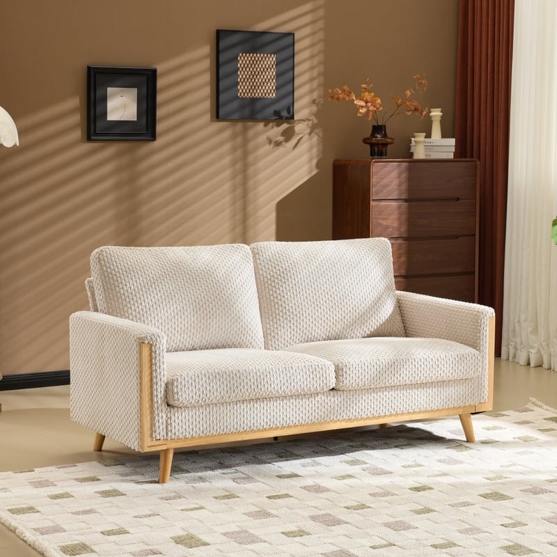 Modern Farmhouse Velvet Upholstery Loveseat With Solid Wood Frame Compact 2-Seater Couch For Small Space - Beige