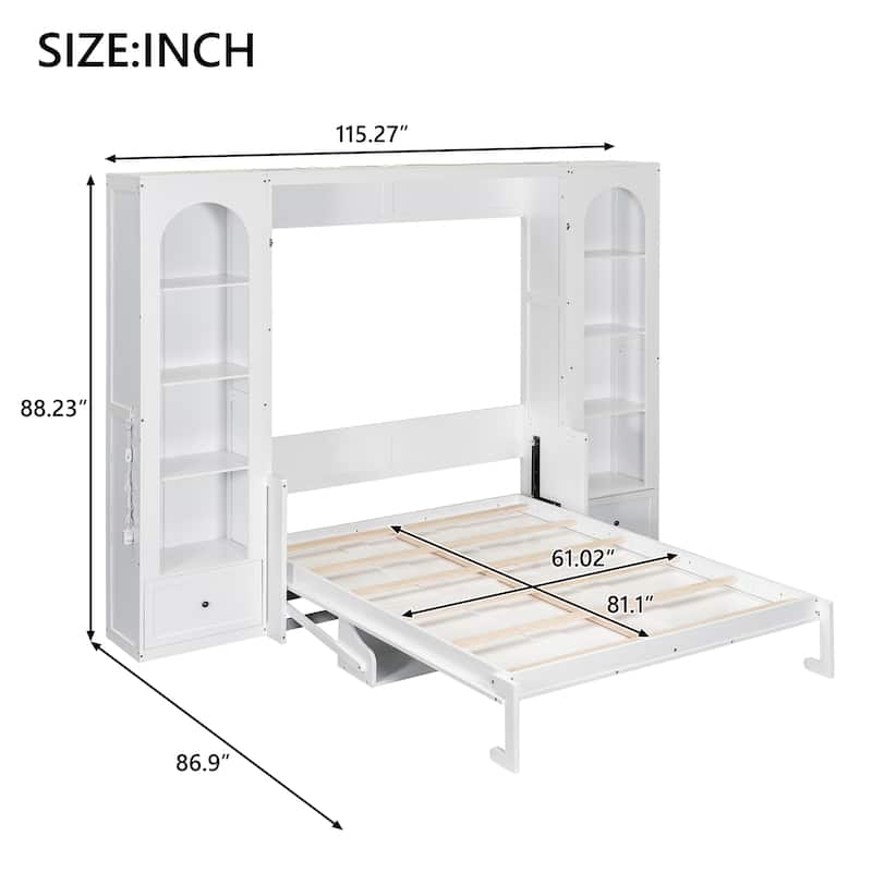 Murphy Bed Queen Size Bookcase Bed Platform Bed with Side Cabinets and 2 Drawers, Elegant French Folding Bed LED Wall Bed