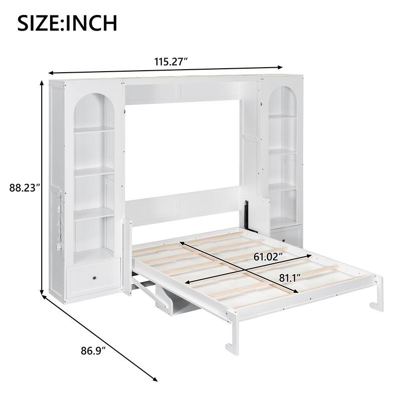 Queen Size Folding Platform Bed with Shelves, Cabinets, Drawers, and LED Lighting