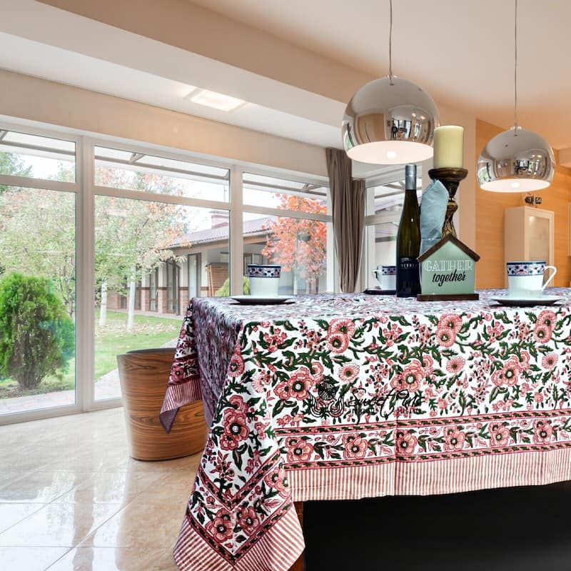 Cotton Floral Block Print Tablecloth Collection