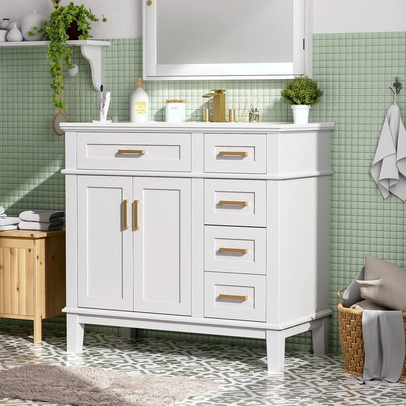 36" Modern Bathroom Vanity with Ceramic Sink, Soft-Close Door and 4 Storage Drawers