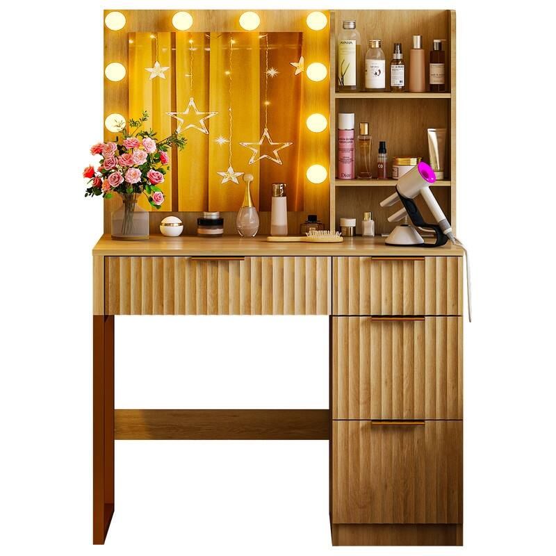 Particle Board Veneered with Textured Melamine 4-drawer 2-shelf with 10 Three-color Dimmable Bulbs Dressing Table - N/A
