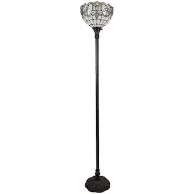 Brown Metal Torchiere Floor Lamp with White Floral Stained Glass Dome - 12” x 12” x 72” (D x W x H)