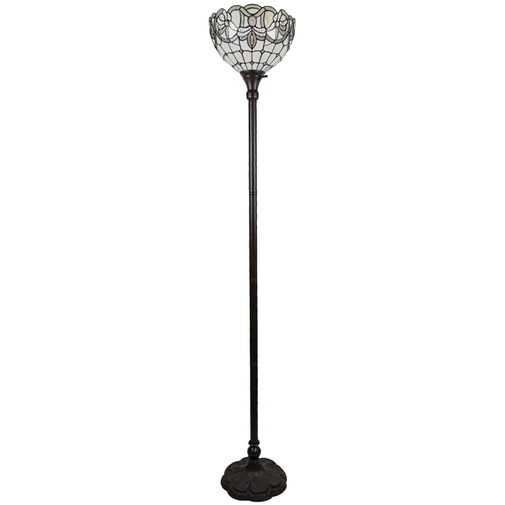Brown Metal Torchiere Floor Lamp with White Floral Stained Glass Dome - 12” x 12” x 72” (D x W x H)