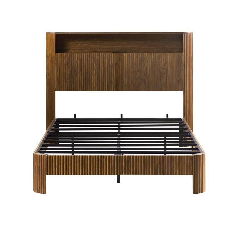Full XL Bed Frame with Storage Headboard, Charging Station, Wavy Design, Silent Operation, Walnut Finish