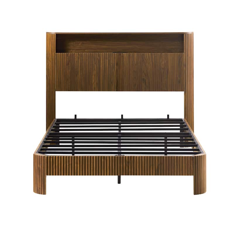 Wooden Bed Frame with Metal Slat, Noise Free, Modern Low Profile Platform Bed with Storage Headboard and Charging Station