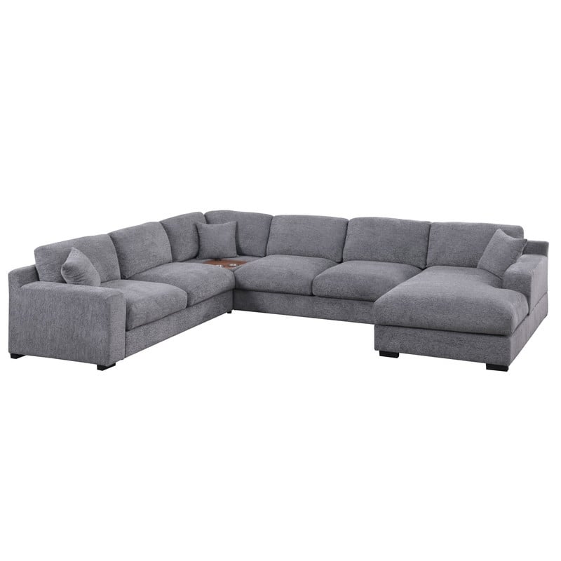 Celine 128"W Light Gray Chenille Fabric Corner Sectional Sofa with Right-Facing Chaise, Cupholders, and Charging Ports