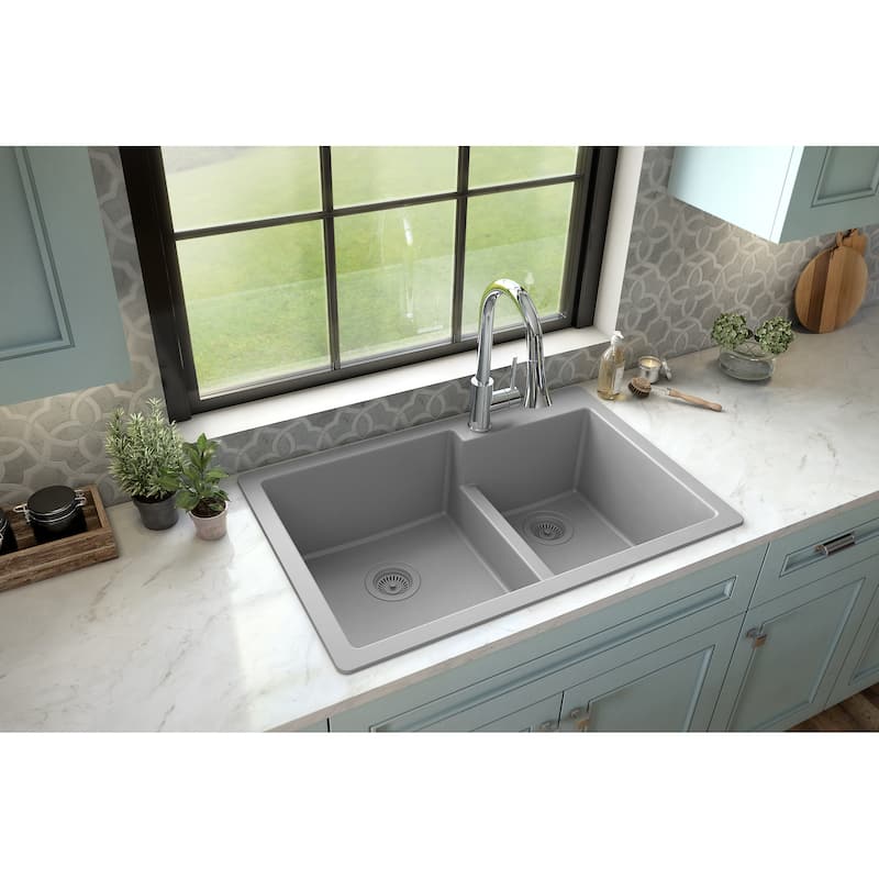 Karran 33" Top Mount Large/Small Bowl Quartz Kitchen Sink Kit - 33" x 22" x 9"