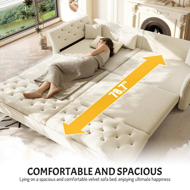 100" Velvet Convertible Sofa Bed with with Fabric Flower Tufted Design