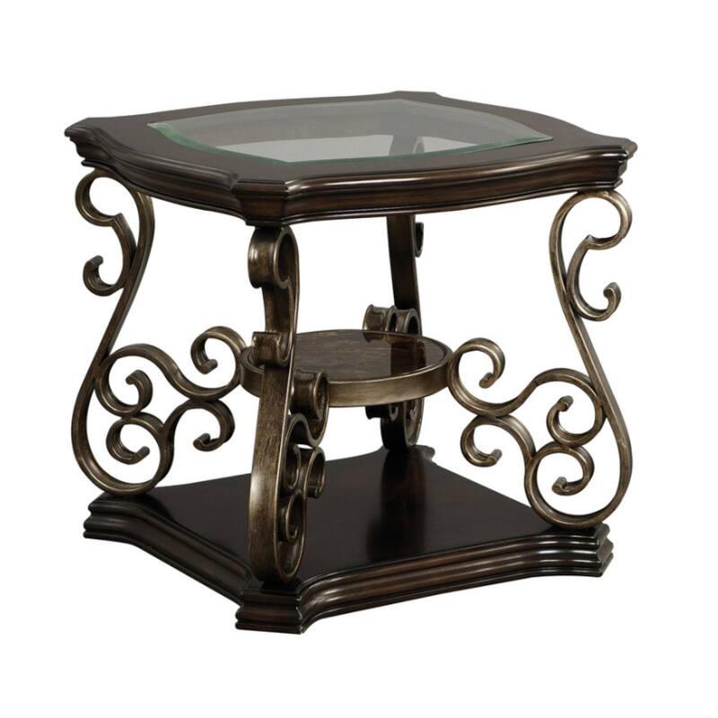 Roomfitters Modern End Table with Glass Top, Faux Marble MDF Shelf and Metal Legs, Accent Side Table for Living Room, White