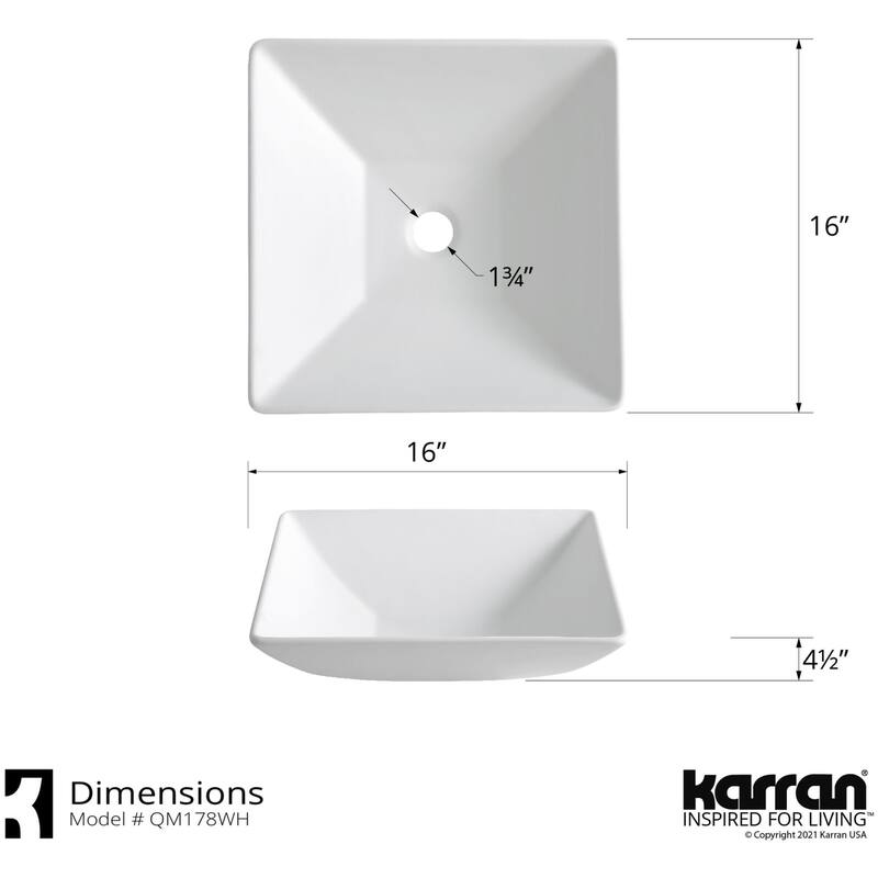 Karran USA QM178 Quattro Matte 16" Square Acrylic Vessel Bathroom Sink