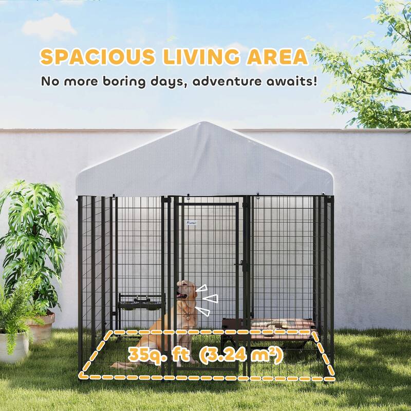 Silver-Black Steel Outdoor Dog Kennel with PE Cover and Large Area - 70.8" W x 70.8" D x 72" H