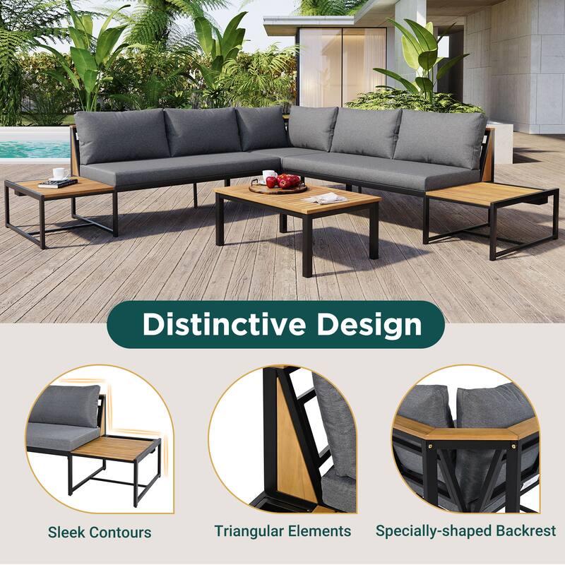 Outdoor 4-Piece Iron Sectional Sofa Set with Coffee Table & Storage Shelf