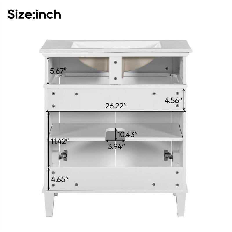 30'' Bathroom Vanity with Ceramic Sink Top, Freestanding Bathroom Vanity Cabinet with 2 Soft Close Doors and Adjustable Shelves