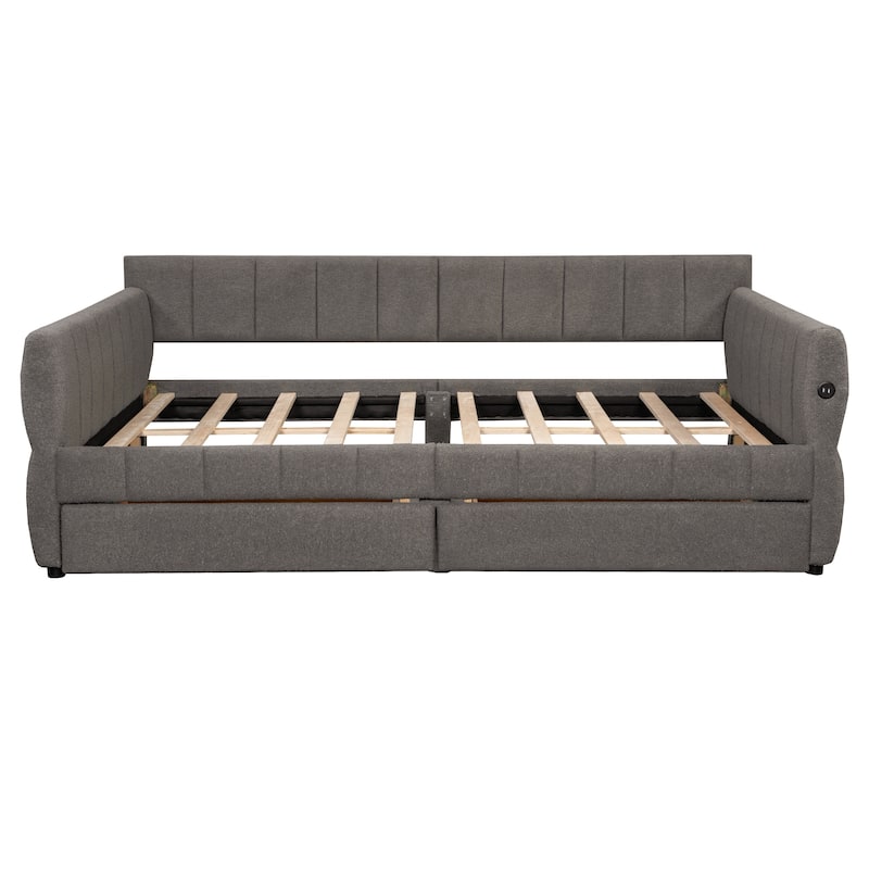 Modern Fabric Upholstered Daybed Queen Size Sofa Bed Frame with Backrest and Armrests, USB Charging Ports, No Box Spring Needed