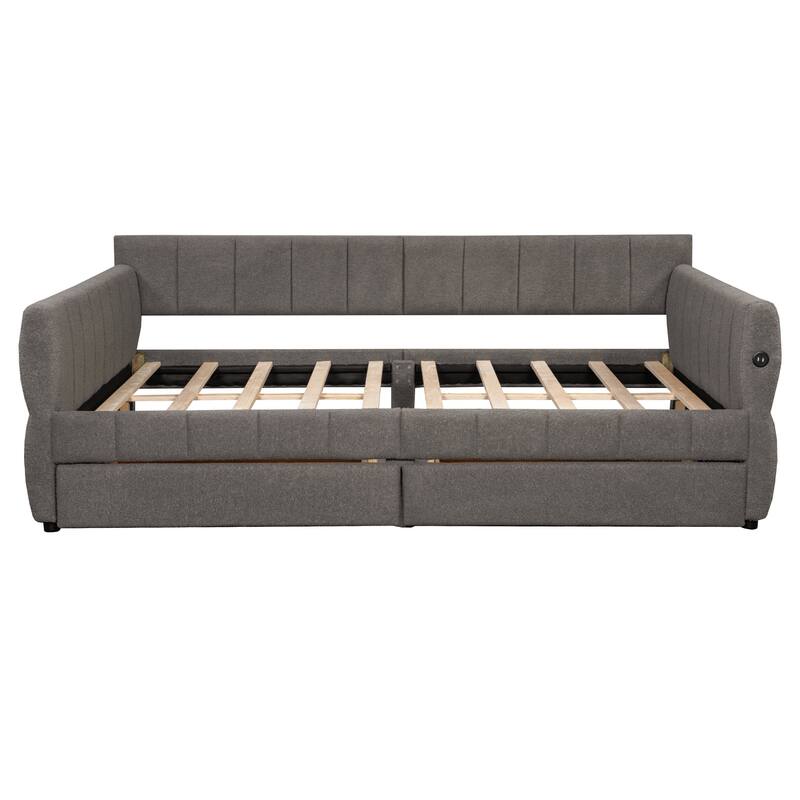 Queen Size Platform Storage Bed Frame Upholstered Daybed with USB and 2 Drawers, Low Profile Sofa Bed with Storage Underneath