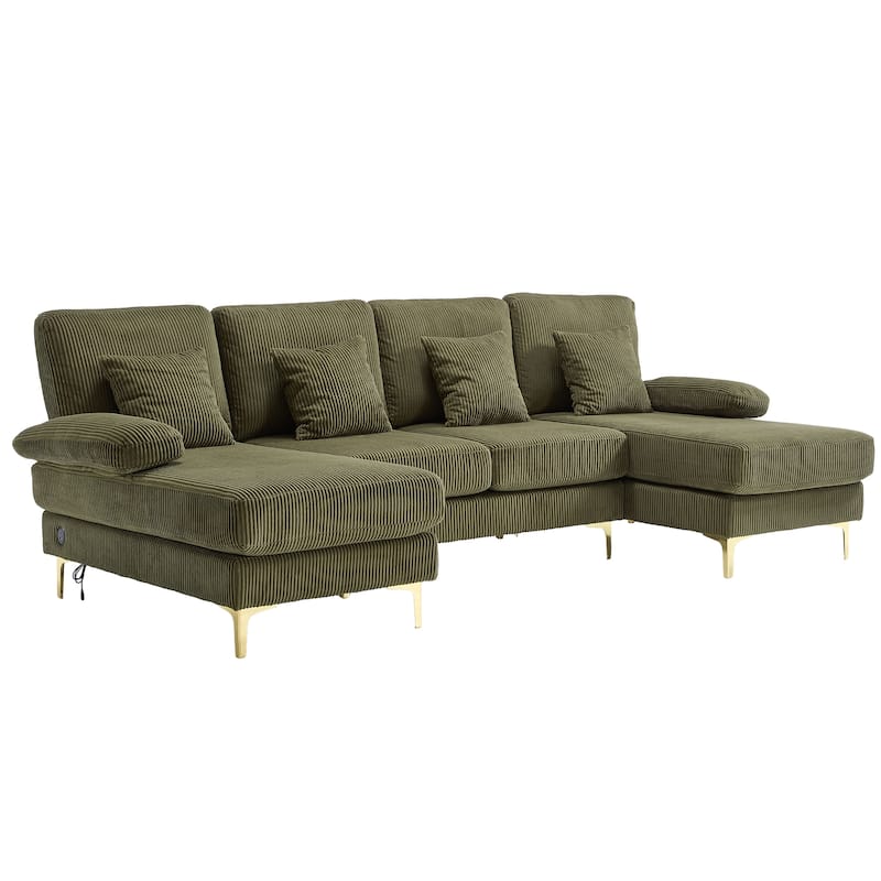 HOMEFUN Corduroy Upholstered U-shaped Adjustable Light Modular Sectional Sofa With Type-C and USB ports