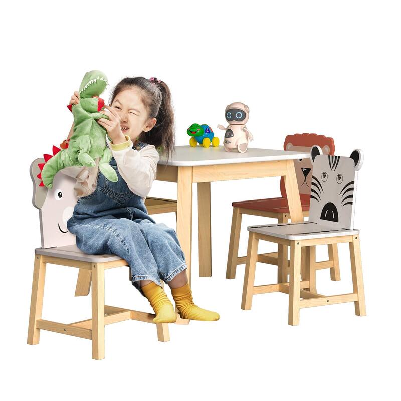 Anmytek 5-Piece Kids Table and Chair Set with Animal Themed Chairs, Solid Wood Children's Furniture for Playroom