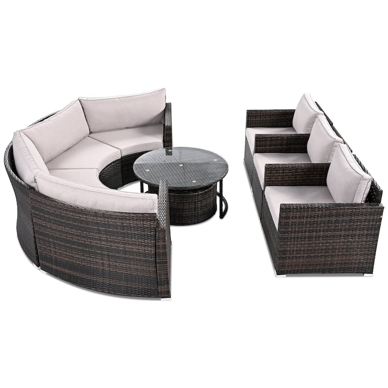 9-Piece Curved Outdoor Wicker Sectional Sofa Set with Overlapping Coffee Tables, Cushions, Modular Half-Moon Design