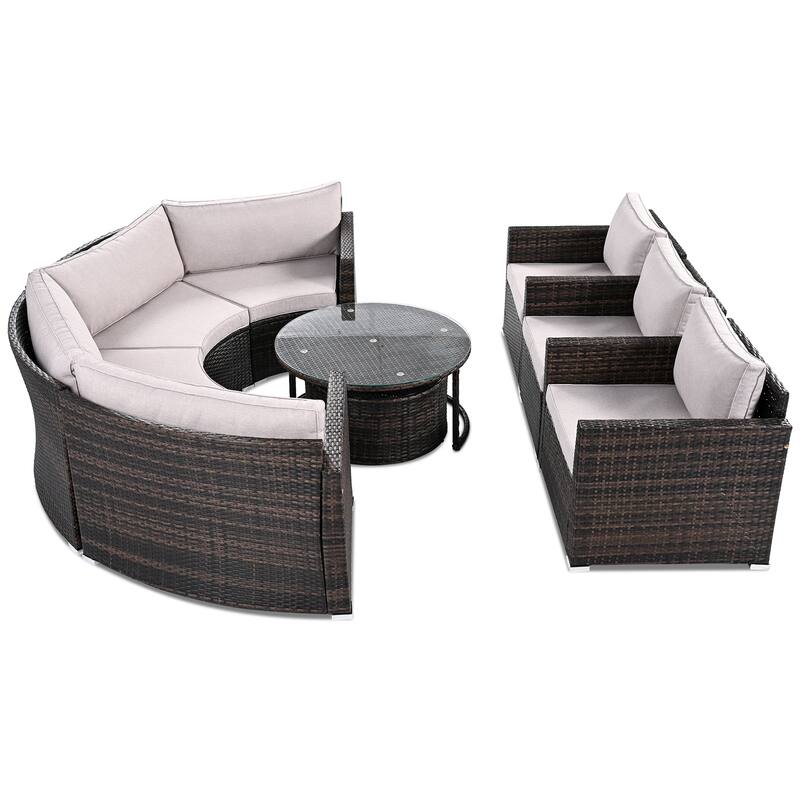 9-Piece Outdoor Patio Wicker Half-Moon Sectional Sofa Set with Nesting Coffee Table and 2 Armchair