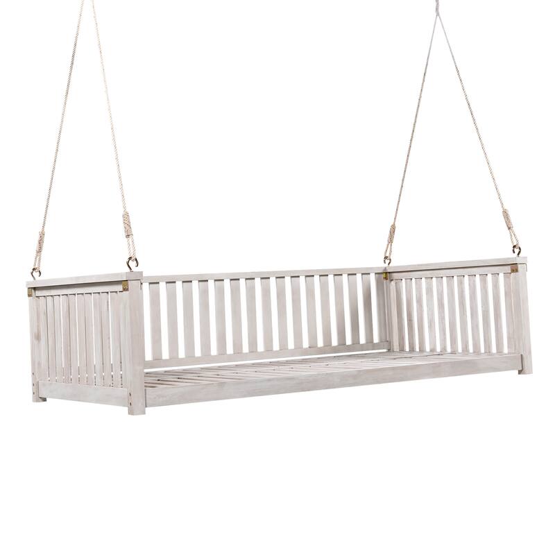 Acacia Wood Twin-Size Porch Swings Bed with 350lb Capacity, Includes Hemp Ropes and Sloped Safety Design