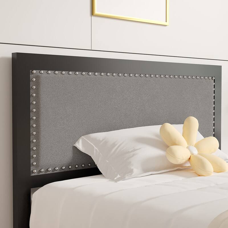 Metal Bed Frame with Linen Upholstered Nailhead Headboard, Platform Bed with 12.6" Under Bed Storage, No Box Spring Needed
