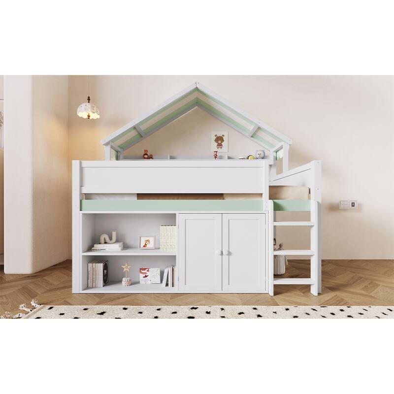 Roomfitters Full Size Loft Bed with House Canopy Roof and Storage Cabinet