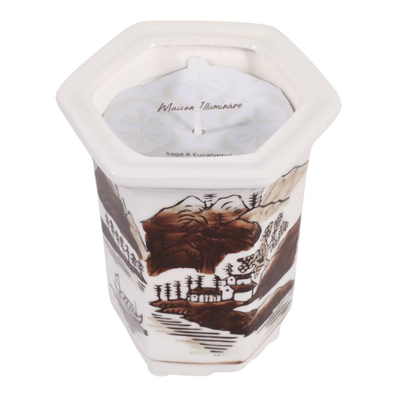 Modern Chinoiserie Ceramic Candle - Sage and Eucalyptus Scented