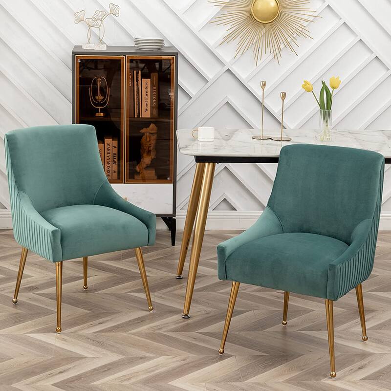 SEYNAR Modern Glam Boucle Pleated Velvet Dining Chair or Vanity Chair Set of 2 with Rear Handle - Green