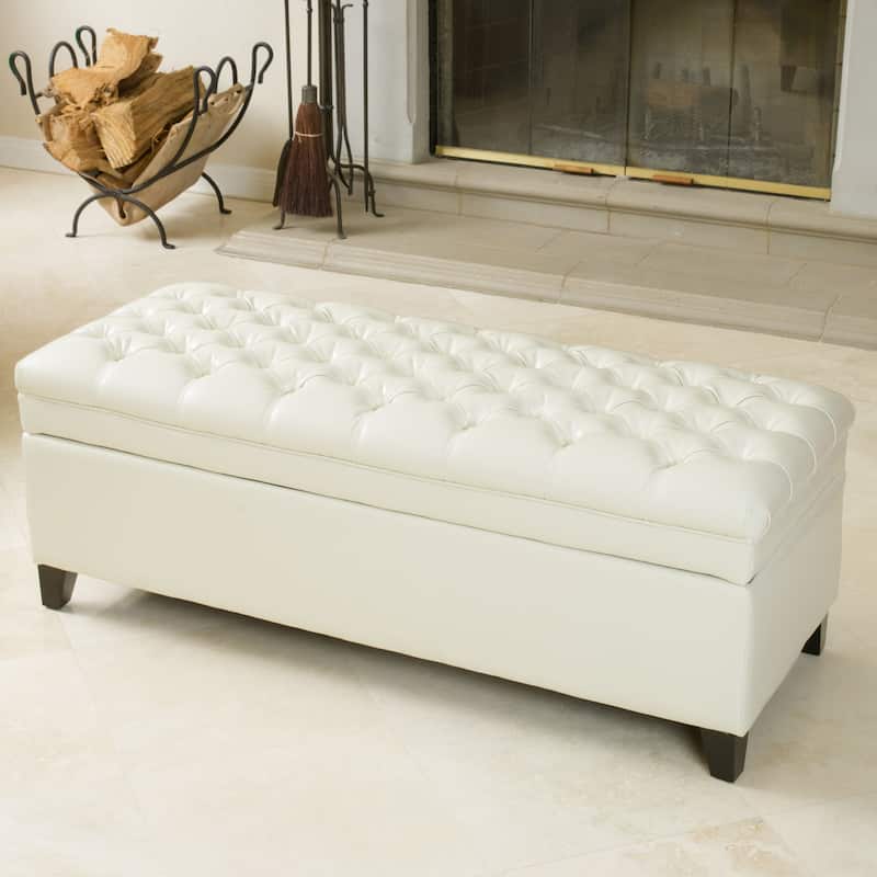Hastings Tufted Ivory Leather Storage Ottoman by Christopher Knight Home - Ivory - Medium