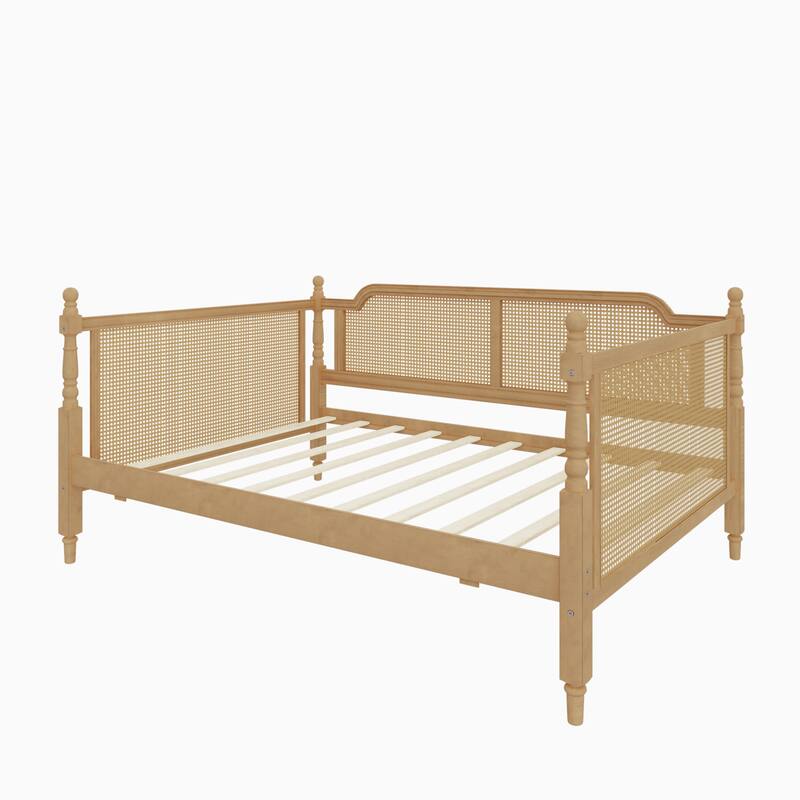 Traditional Rattan Daybed Frame/Wood Sofa Bed Frame w/Trundle for Bedroom Small Space Guestroom Living Room/No Box Spring Needed