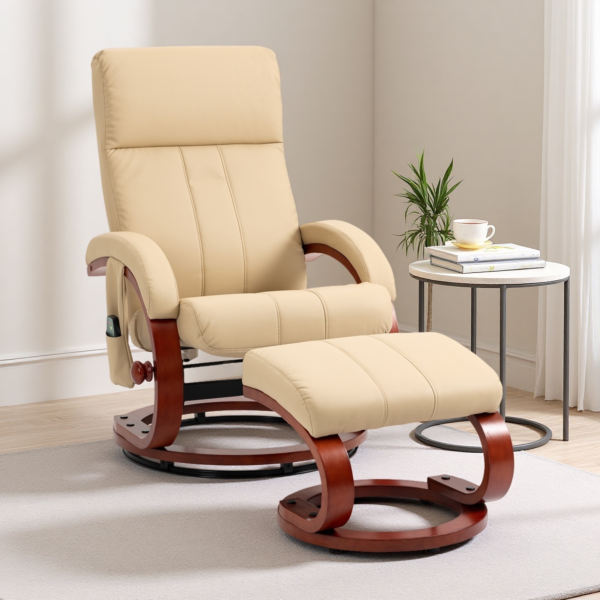 Faux Leather Reclining Chair with Ottoman, Swivel Wood Base, Massage Function and Remote Control