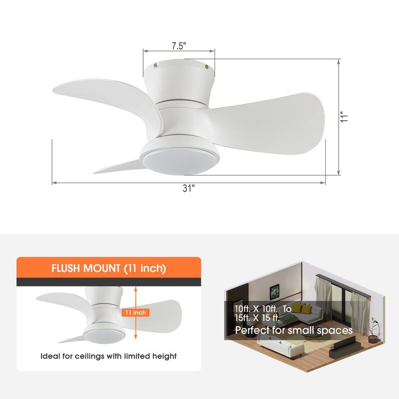 31" Modern White Dimmable LED Hugger Ceiling Fan with Light and Remote