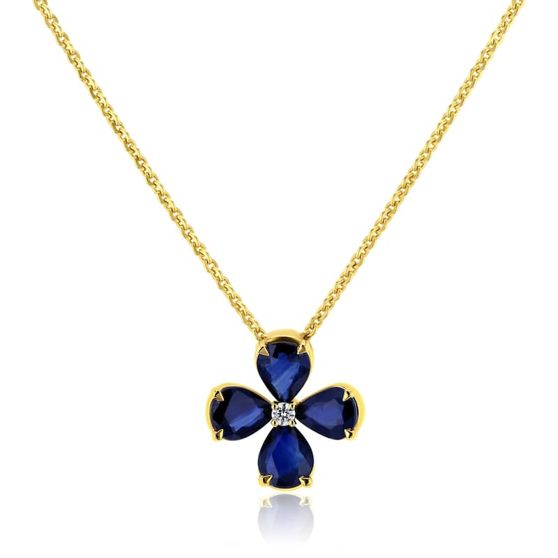 Kobelli 1.54 Carat Dark Blue Sapphire & Diamond 14k Yellow Gold Four Petal Flower Lilah Necklace