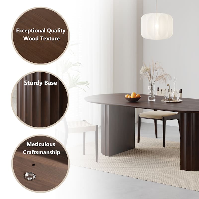 Modern Oval Wooden Dining Table - 79" Large Size, Sturdy Fluted Base, Natural Oak Finish for Dining Room