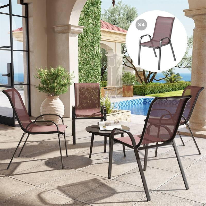 Black Steel Outdoor Dining Chairs Set of 4 with Mesh and Stackable Design - 21.3" W x 28" D x 36.6" H