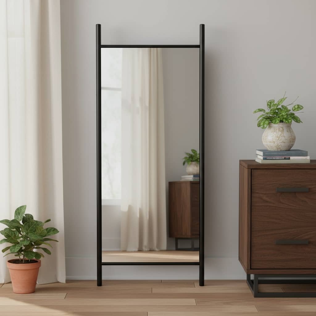 HomeRoots 71" Black Wood Leaning Ladder Framed Full Length Mirror - 31.50 in. x 70.87 in. x 1.57 in.
