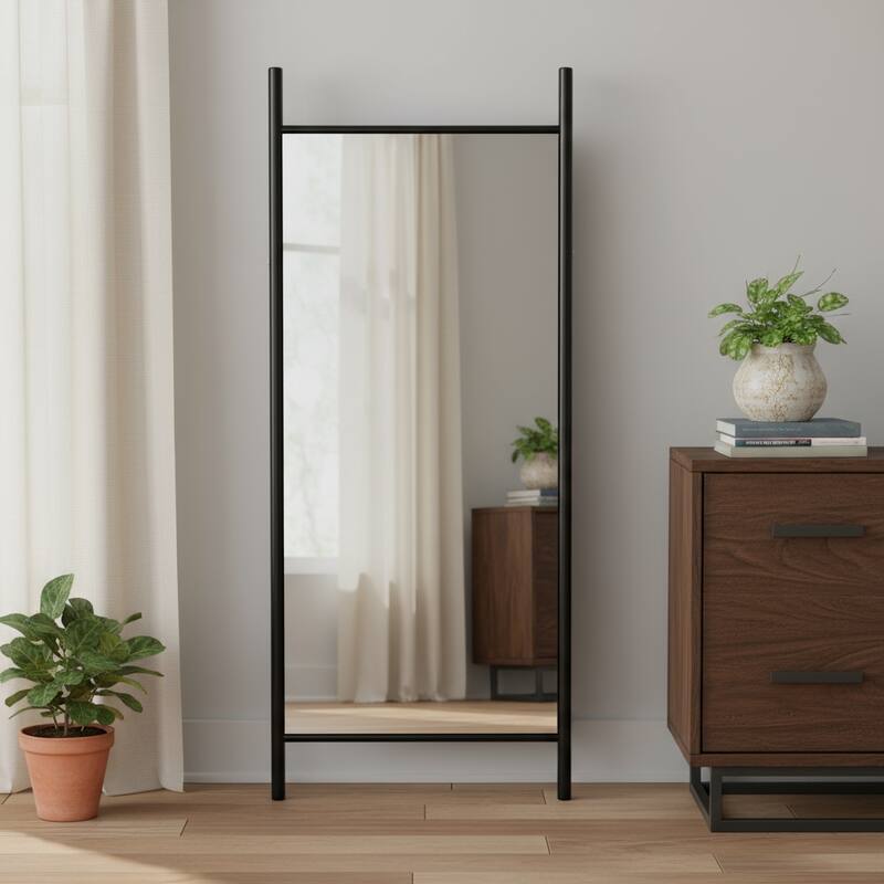 HomeRoots 71" Black Wood Leaning Ladder Framed Full Length Mirror - 31.50 in. x 70.87 in. x 1.57 in. - 31.50 in. x 70.87 in. x 1.57 in.