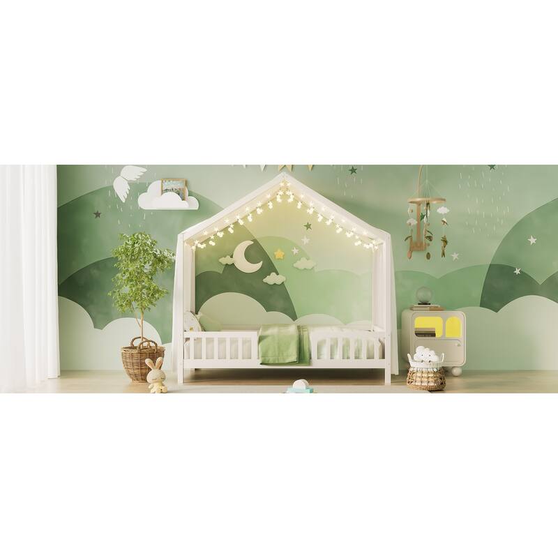 House-Shaped Twin Bed with Canopy and Railings for Kids, Montessori Floor Bed, White