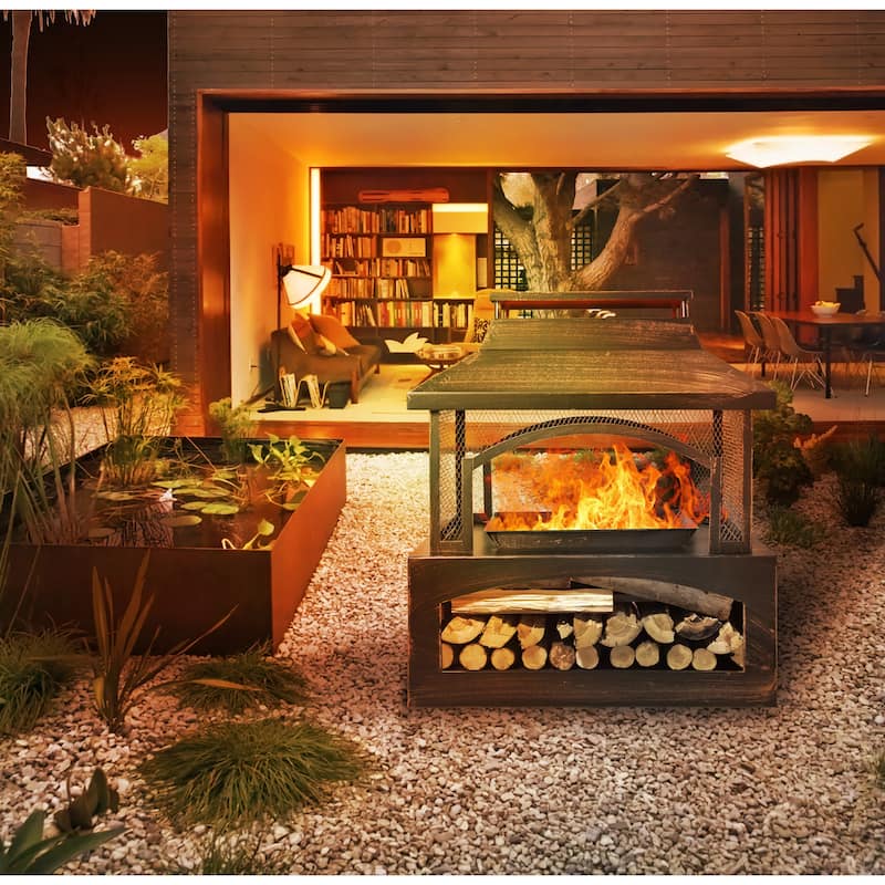 37-Inch Rectangular Metal Outdoor Wood Burning Fireplace - Outdoor Fireplace with Built-in Log Storage and Poker-Brushed Bronze