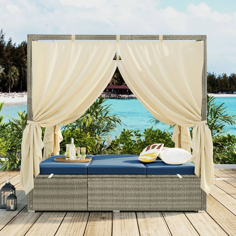 High Comfort Style Adjustable Sun Bed with Curtain for Patio, Balcony or Backyard